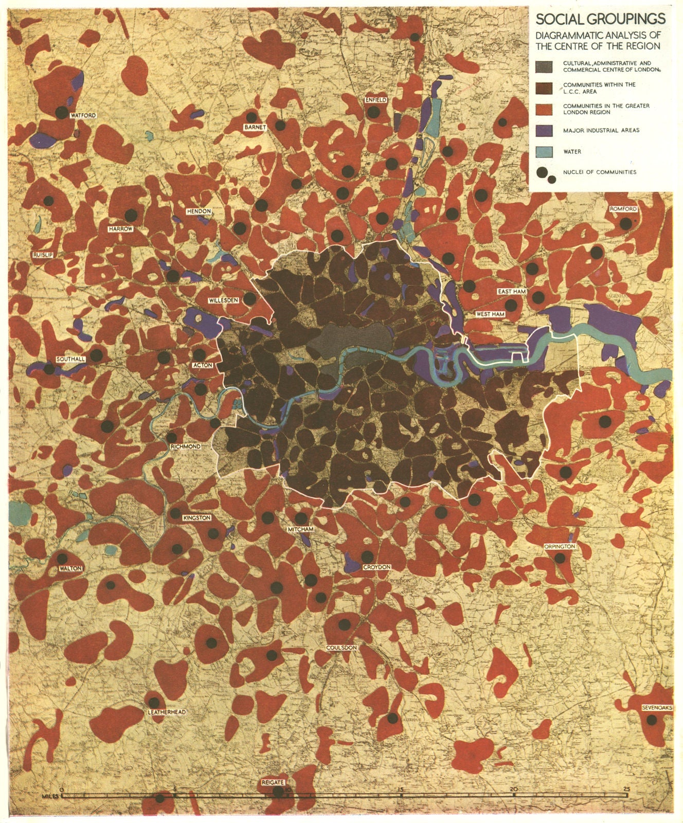 GREATER LONDON PLAN. Diagrammatic analysis of Communities. ABERCROMBIE 1944 map